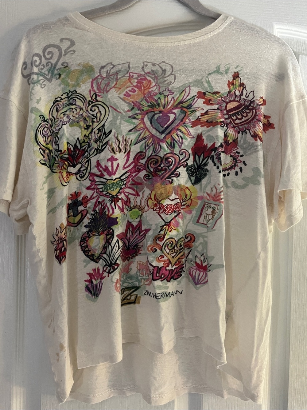 Zimmermann Cream Short Sleeve Tee with Multicolor Heart & Floral Motifs